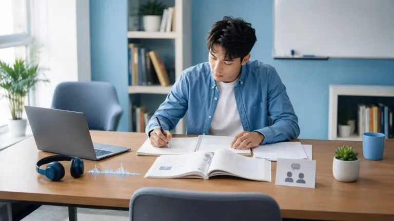 Студент решает пробный IELTS за столом с ноутбуком и наушниками